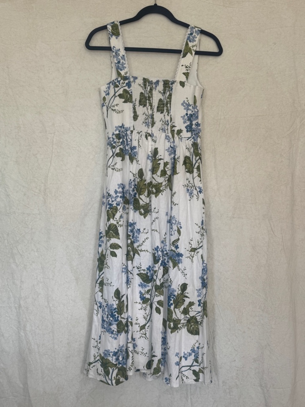 Reformation White Midi Dress with Blue Floral and Green Leaves - Picture 3 of 9